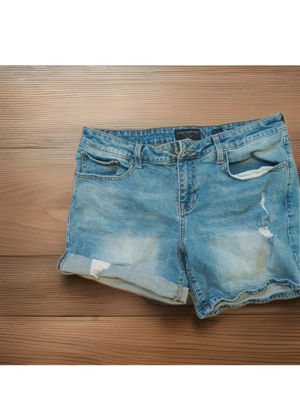 Lucky Brand The Roll Up Womens Blue Denim Distressed Jean Shorts Size 8/29